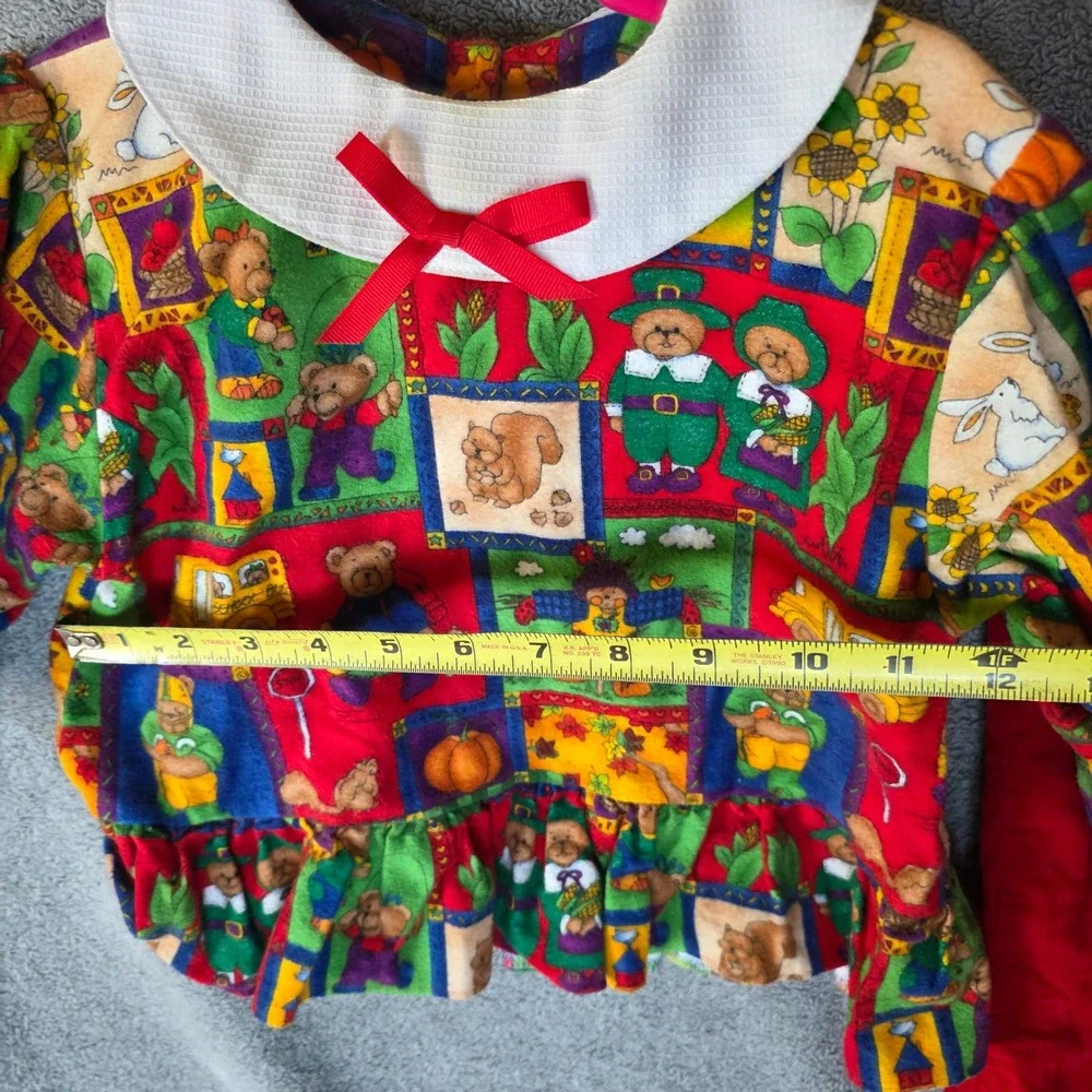 Vintage Kids Teddy Bear Novelty Print Peplum Top and Red Pants Set Multi Color